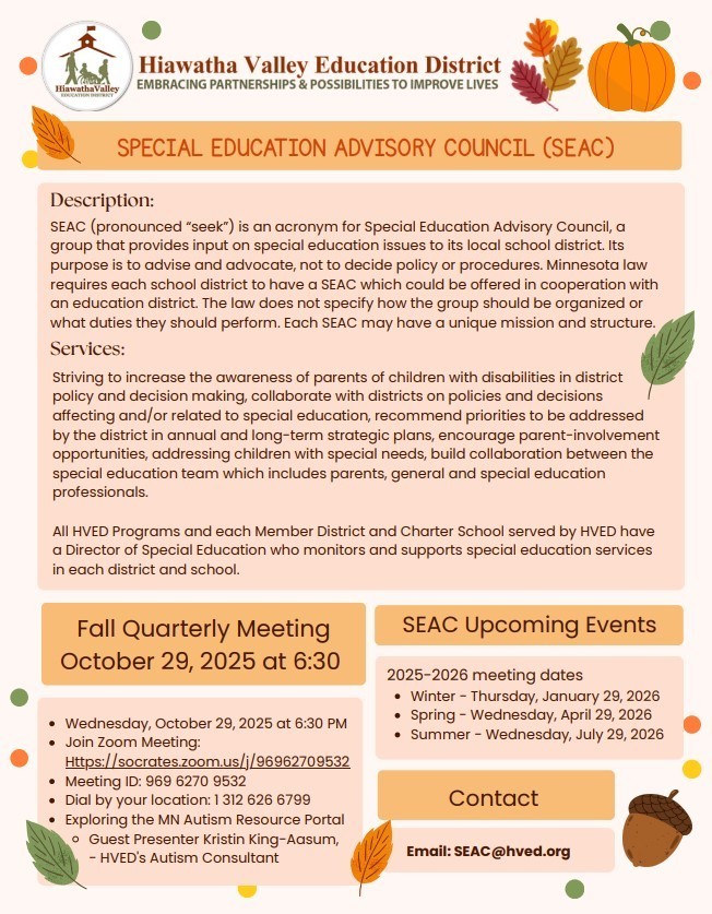 HVED SEAC flyer with information about their upcoming events