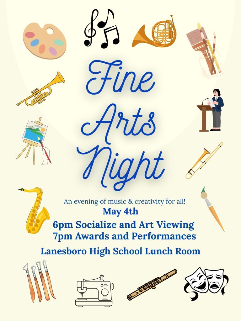 Fine Arts Night Poster - An evening of music & creativity for all! May 4th 6pm Socialize and Art Viewing 7pm Awards and Performances Lanesboro High School Lunch Room
