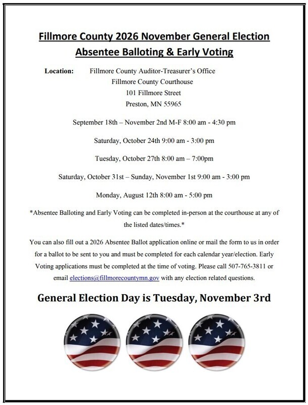 Fillmore County 2026 November General Election Absentee Balloting & Early Voting Flyer