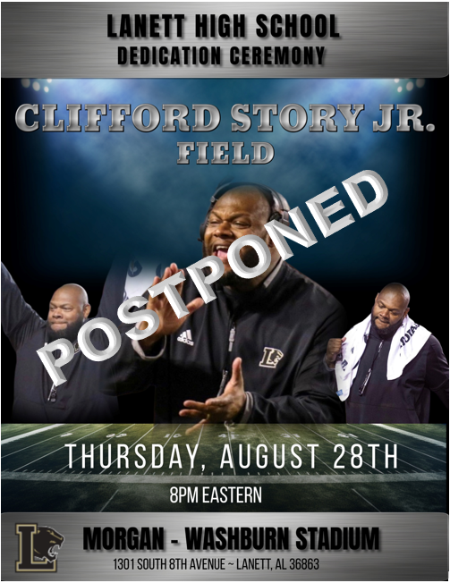 Football field dedication ceremony postponement flyer