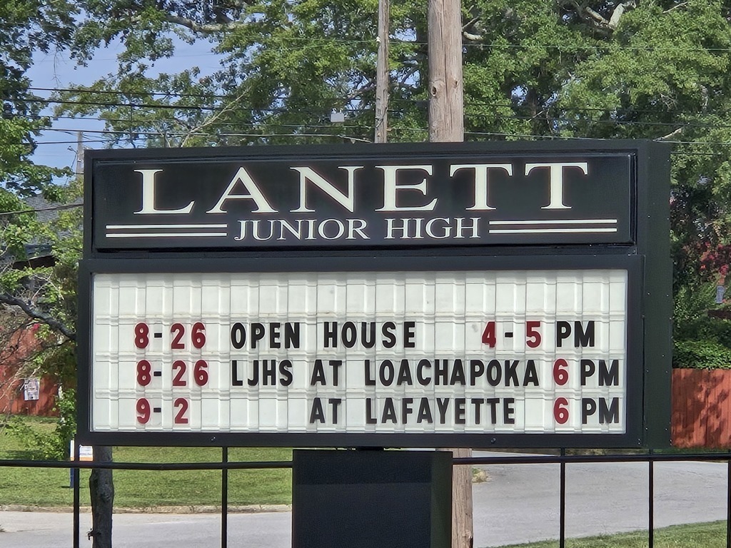 Lanett Junior High Marquee with Open House Announcement 