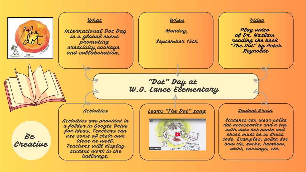 "Dot" Day at W. O. Lance Elementary School will be held on Monday, September 15, 2025. Flyer includes information on student dress for this day and activities.