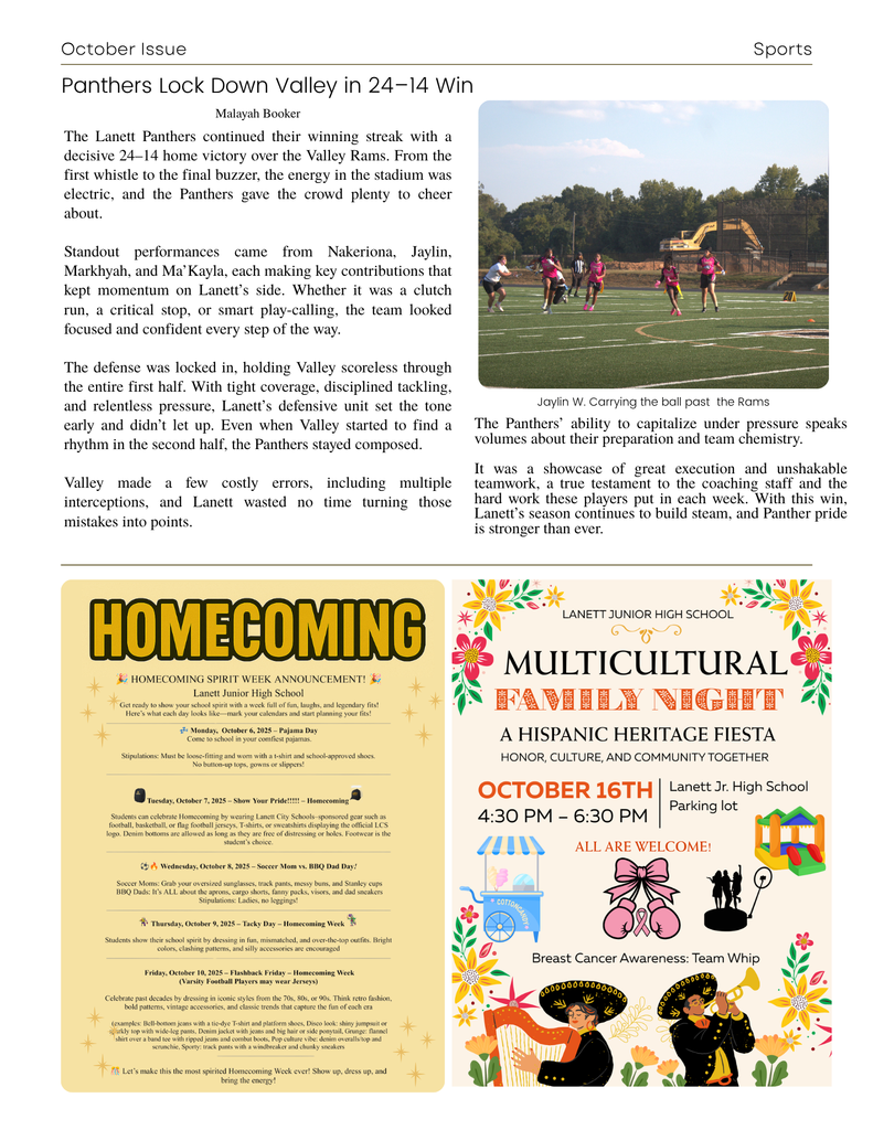 October newsletter homecoming and Hispanic heritage flyer annoucement