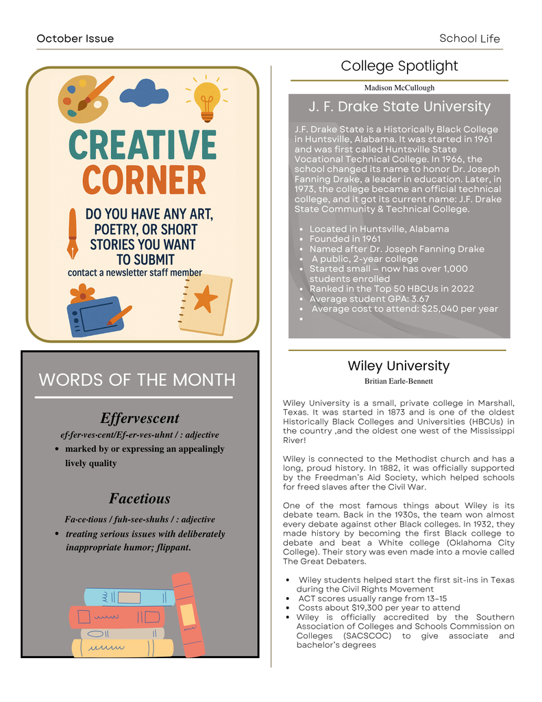 Neewsletter creative corner, college spotlight and word of the month