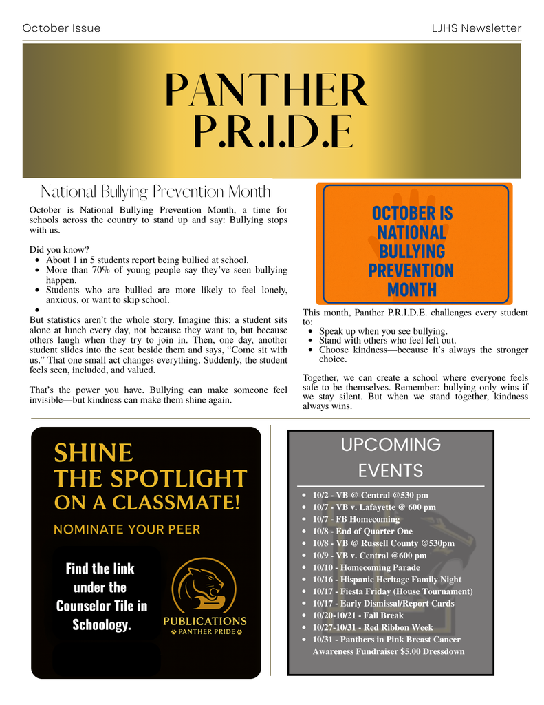 Panther Pride monthly newsletter Oct ed
