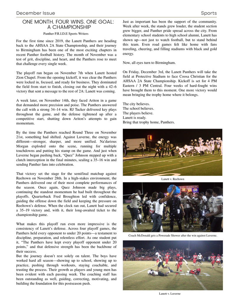 Panther PRIDE - December Edition featuring LHS football team winning streak. The Panthers will compete in the state championship game , Friday, December 5, 2025.