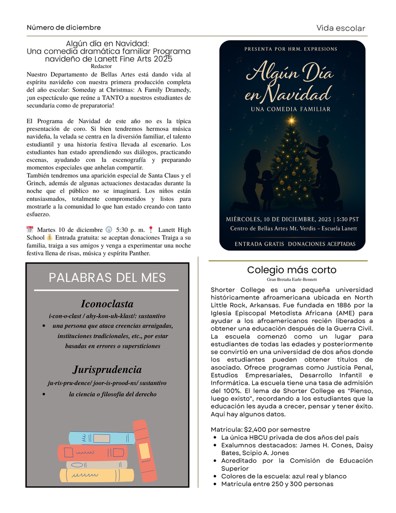 Panther PRIDE - December Edition featuring Shorter College HBCU college spotlight. LJH and LHS will host Someday at Christmas holiday play Dec 10, 2025 @ 5:30pm