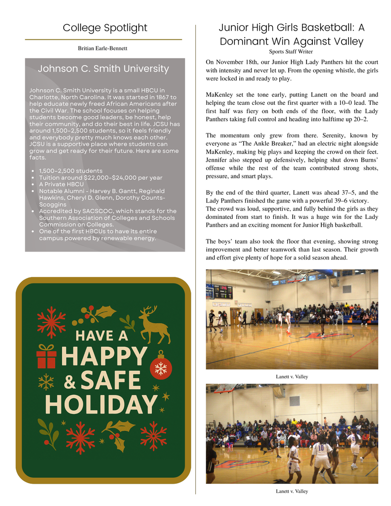 Panther PRIDE - December Edition College Spotlight JC smith - HBCU and LJH Girls BB team celebrating a dominant win over Valley