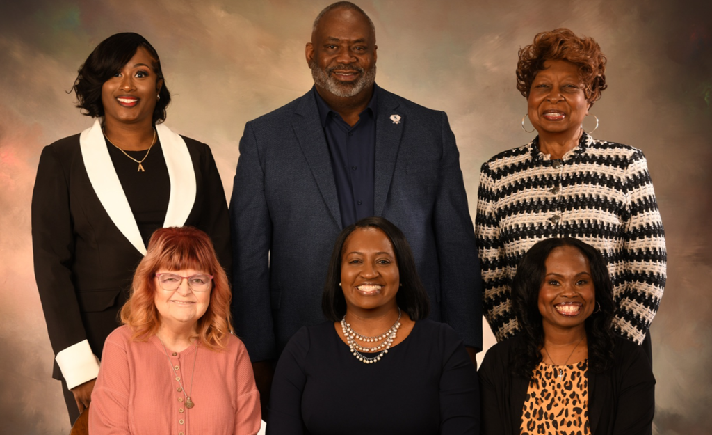 Standing from left to right: Ashley Holloway, Myron Fears, Gwen Harris-Brooks; Sitting from left to right: Gail Holley, Jennifer Boyd, and Leilani Rudd
