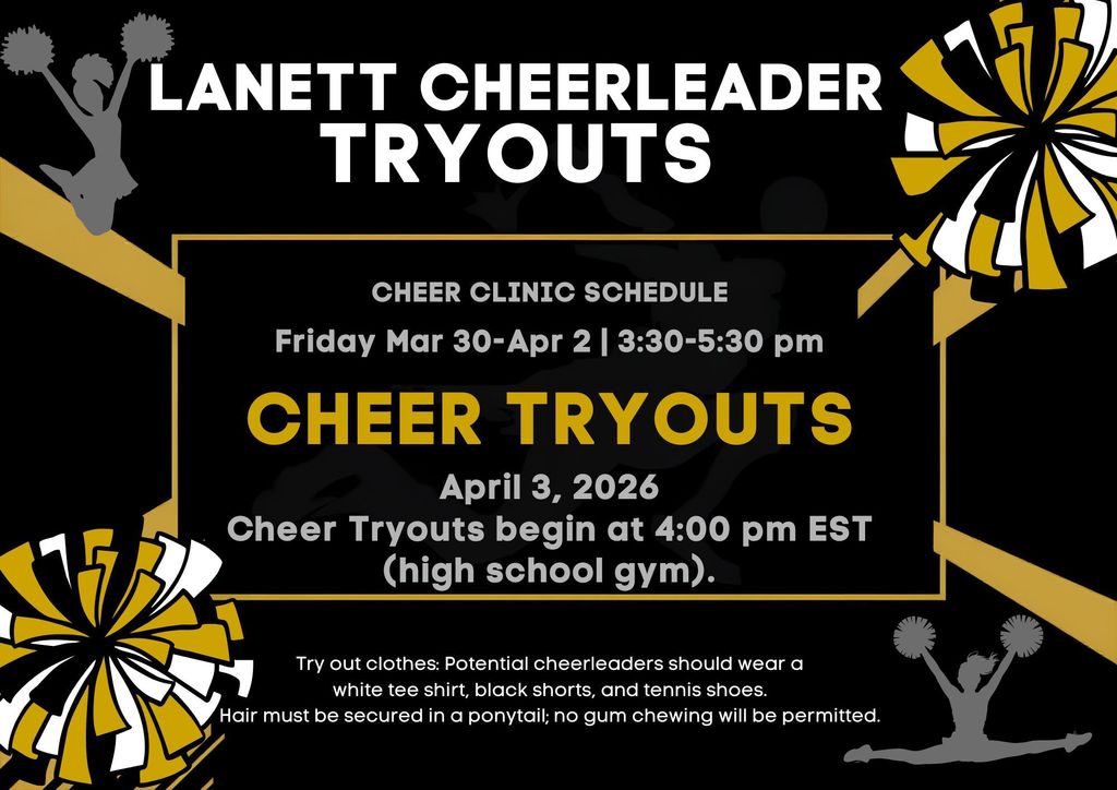 Cheer Clinic Schedule Friday Mar 30 - Apr 2 3:30 - 5:30 pm Cheer tryouts April 3, 2026 at 4:00 PM