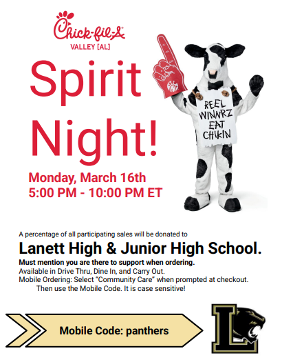 Lanett Spirit Night Monday, March 16th 5pm - 10pm