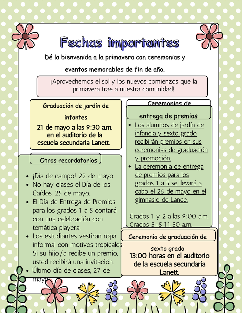 Kindergarten and Sixth Grade students will receive awards during their Graduation and Promotion Ceremonies at 1:00 p.m. in the Lanett High School Auditorium.  Grades 1–5 Awards Day will be held on May 26th in Lance’s Gym and will feature a beach-themed celebration:  Grades 1–2: 9:00 a.m. Grades 3–5: 11:30 a.m.