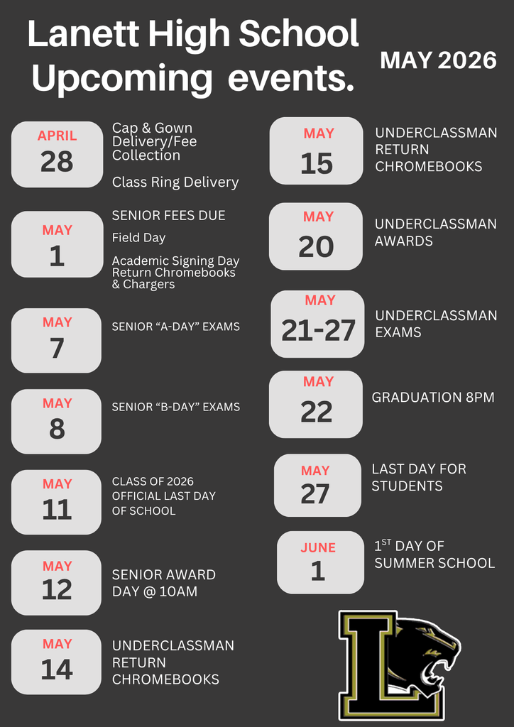 🎉📅 Lanett High School – End of Year Events Are Here! 📅🎉  As we head into the final stretch of the school year, we have several exciting events coming up! Be sure to mark your calendars and come out to support our students and staff.  Let’s finish strong, Panthers! 💙💛 Thank you to our teachers, staff, students, and community for making this year amazing.  #LanettHighSchool #FinishStrong #PantherPride
