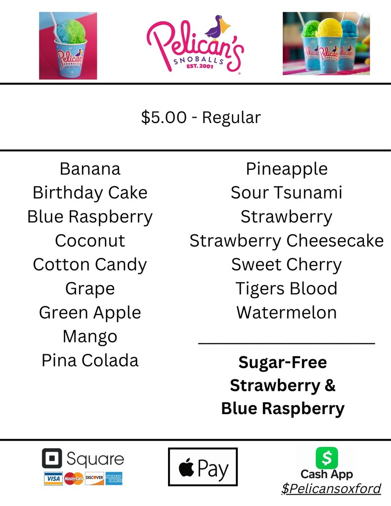 Pelican’s Snoballs of Opelika will be here on Tuesday, May 5th! Snoballs will be sold for $5.00.  Students will be able to purchase a refreshing snoball and enjoy a sweet way to cool off—because nothing beats chilling out with a cool treat on a warm day! ❄️🍧   ¡Pelican’s Snoballs estará aquí el martes 5 de mayo! Los snoballs se venderán por $5.00.  Los estudiantes podrán comprar un snoball refrescante y disfrutar de una dulce manera de refrescarse, ¡porque no hay nada mejor que relajarse con un postre frío en un día caluroso! ❄️🍧