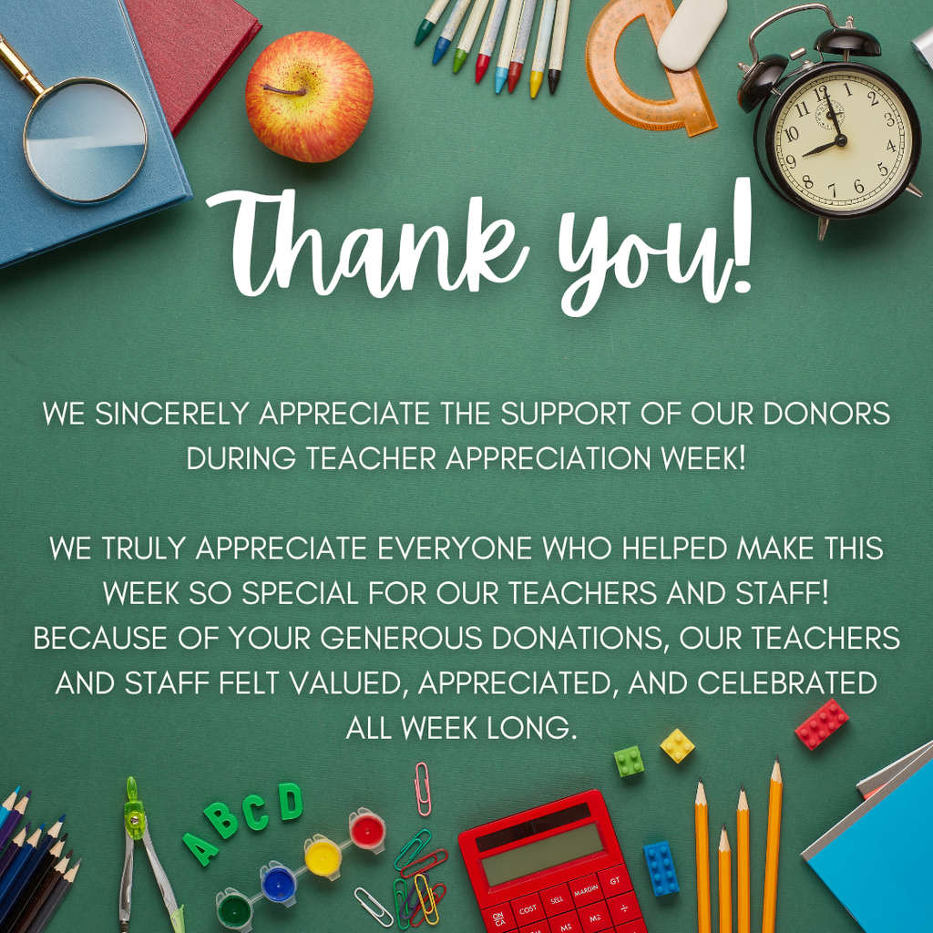 Thanks to our parents, donors, and community partners for helping make Teacher Appreciation Week very special. 🖤💛🍎  Gracias a nuestros padres, donantes y socios comunitarios por ayudar a que la Semana de Agradecimiento a los Maestros fuera muy especial. 🖤💛🍎