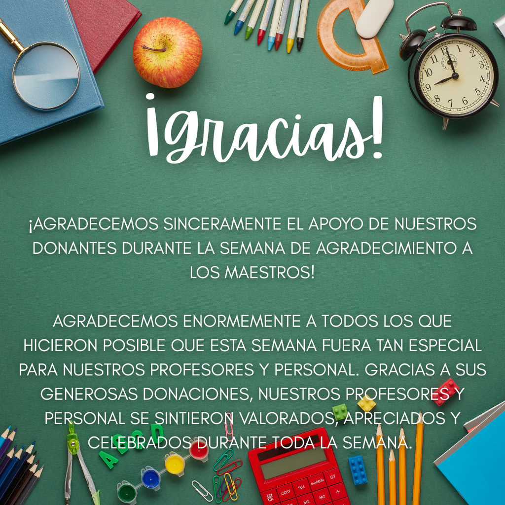 Thanks to our parents, donors, and community partners for helping make Teacher Appreciation Week very special. 🖤💛🍎  Gracias a nuestros padres, donantes y socios comunitarios por ayudar a que la Semana de Agradecimiento a los Maestros fuera muy especial. 🖤💛🍎