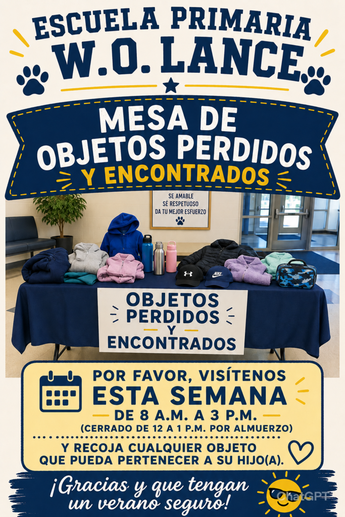 Our Lost & Found table is set up and ready for pickup!  Stop by this week from 8:00–3:00 (closed 12:00–1:00) to check for any items that may belong to your child.  Have a safe summer! ☀️