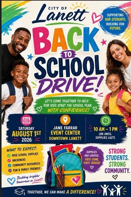 Back to School Bash Alert! 🎉  Get ready for the new school year with the City of Lanett! Join us for a fun, family-friendly event packed with everything your student needs to kick off the year right.  Saturday, August 1st , Time: 10:00 AM – 1:00 PM, Location: Jane K. Farrar Center
