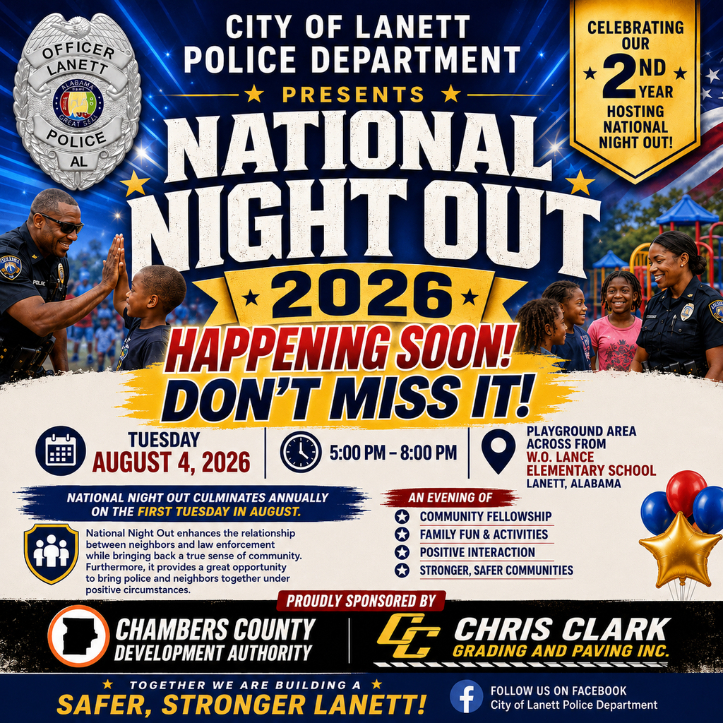 Mark your calendars for Tuesday, August 4, from 5:00–8:00 PM and come out for an evening of fun, fellowship, and community at the playground across from W.O. Lance Elementary School!