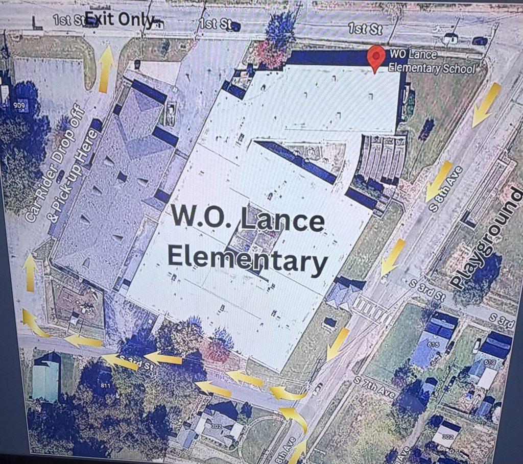 Copy of Map of W.O. Lance Elementary School Shows Streets Surrounding Campus Copia del mapa de la Escuela Primaria W.O. Lance que muestra las calles que rodean el campus.