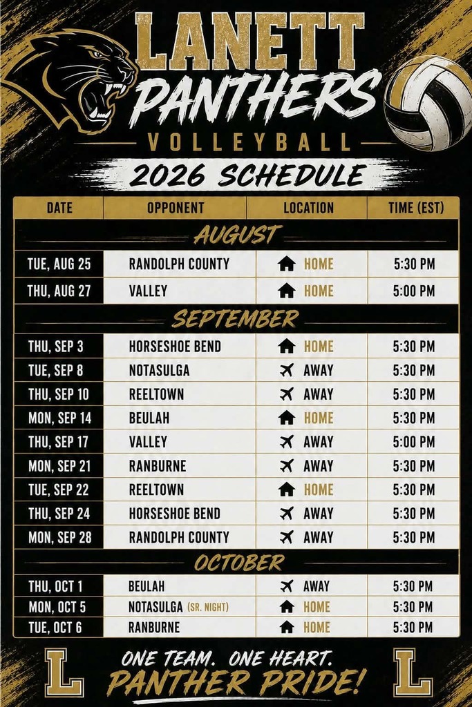 anett Panthers Volleyball 2026 Schedule August Tue, Aug 25: Randolph County – Home – 5:30 PM Thu, Aug 27: Valley – Home – 5:00 PM September Thu, Sep 3: Horseshoe Bend – Home – 5:30 PM Tue, Sep 8: Notasulga – Away – 5:30 PM Thu, Sep 10: Reeltown – Away – 5:30 PM Mon, Sep 14: Beulah – Home – 5:30 PM Thu, Sep 17: Valley – Away – 5:00 PM Mon, Sep 21: Ranburne – Away – 5:30 PM Tue, Sep 22: Reeltown – Home – 5:30 PM Thu, Sep 24: Horseshoe Bend – Away – 5:30 PM Mon, Sep 28: Randolph County – Away – 5:30 PM October Thu, Oct 1: Beulah – Away – 5:30 PM Mon, Oct 5: Notasulga (Sr. Night) – Home – 5:30 PM Tue, Oct 6: Ranburne – Home – 5:20 PM One Team, One Heart. Panther Pride!