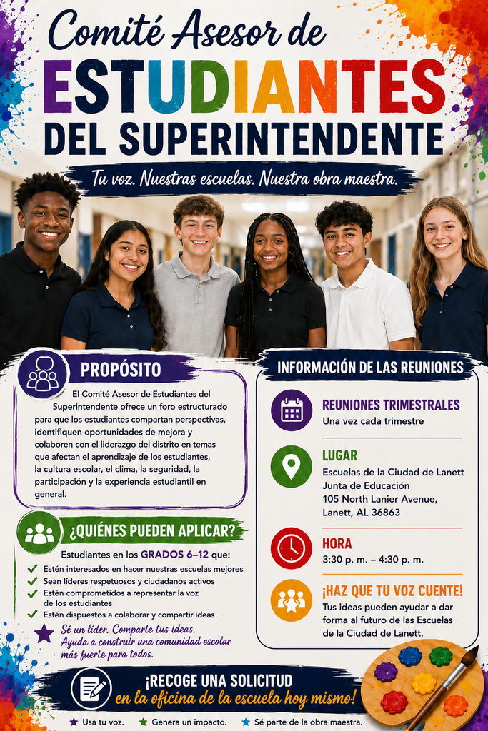 Superintendent’s Advisory Committee Student Application – 2026–2027 Purpose: The Superintendent’s Advisory Committee provides students in grades 6–12 with an opportunity to share ideas, perspectives, and recommendations that can help strengthen our schools and improve the student experience. Selection: Two students will be selected from each grade level (Grades 6–12). Application Deadline: Friday, September 1, 2026