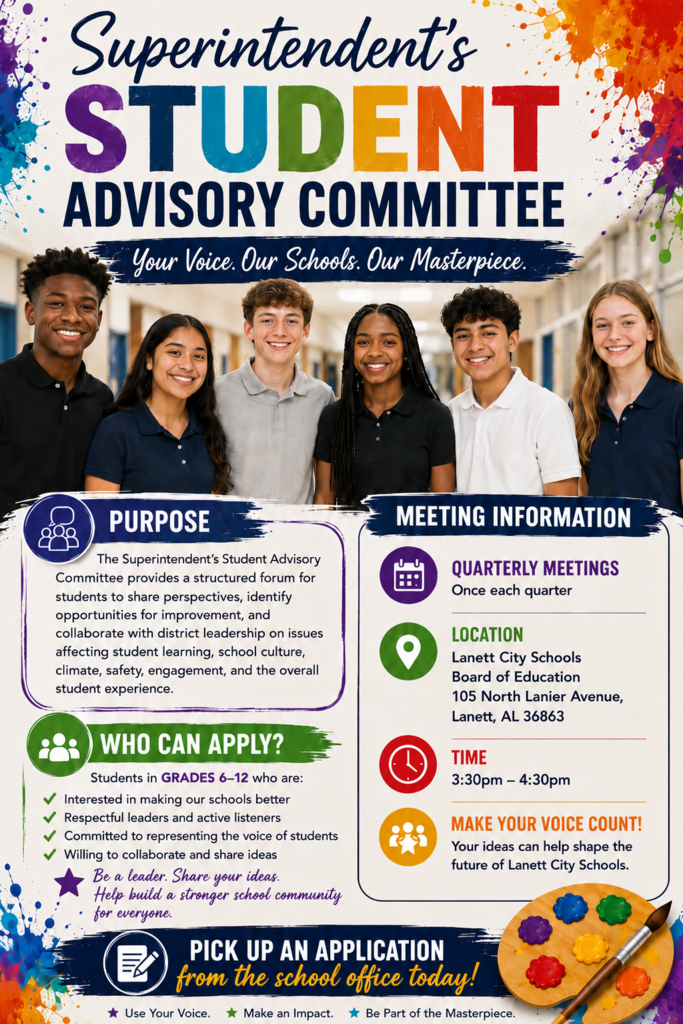 Superintendent’s Advisory Committee Student Application – 2026–2027 Purpose: The Superintendent’s Advisory Committee provides students in grades 6–12 with an opportunity to share ideas, perspectives, and recommendations that can help strengthen our schools and improve the student experience. Selection: Two students will be selected from each grade level (Grades 6–12). Application Deadline: Friday, September 1, 2026