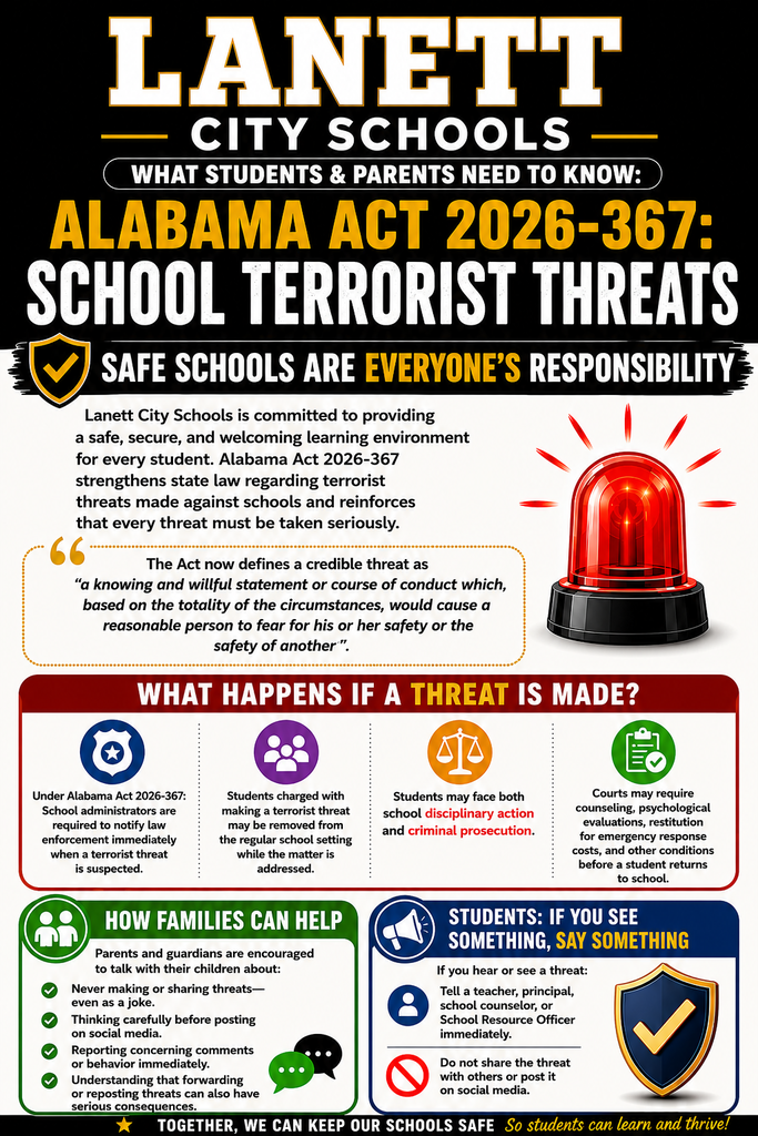 Alabama Act 2026-367: School Terrorist Threats  Safe Schools Are Everyone's Responsibility  Lanett City Schools is committed to providing a safe, secure, and welcoming learning environment for every student. Alabama Act 2026-367 strengthens state law regarding terrorist threats made against schools and reinforces that every threat must be taken seriously**.** The Act now defines a credible threat as “a knowing and willful statement or course of conduct which, based on the totality of the circumstances, would cause a reasonable person to fear for his or her safety or the safety of another”.