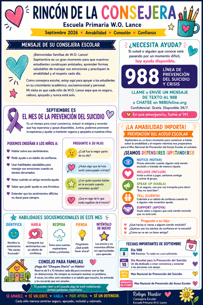 🌟 ¡Conoce el Rincón de la Consejera! 🌟  ¡Estamos emocionados de presentar nuestro nuevo boletín mensual, lleno de consejos útiles, mensajes positivos, información importante y un poquito de alegría para iluminar tu mes! 💛  Asegúrate de revisar el Rincón de la Consejera cada mes—¡nunca sabes qué consejo útil, idea divertida o palabras de ánimo encontrarás! 🌈✨  ¡Un poquito de positividad puede hacer una gran diferencia! 💕
