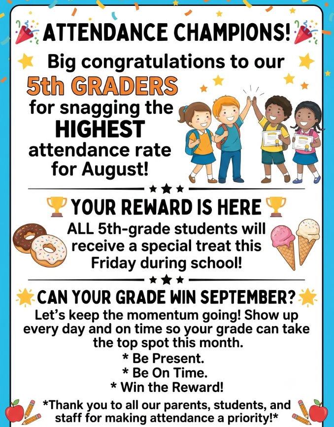 Attendance Champions. Big congratulations to our 5th graders for snagging the highest attendance rate for August. Your reward is here. All 5th grade students will receive a special treat this Friday during school. Can your grade win September? Lets keep the momentum going. Show up everyday and on time so your grade can take the top spot this month. Thank you to all of our parents, students, and staff for making attendance a priority.