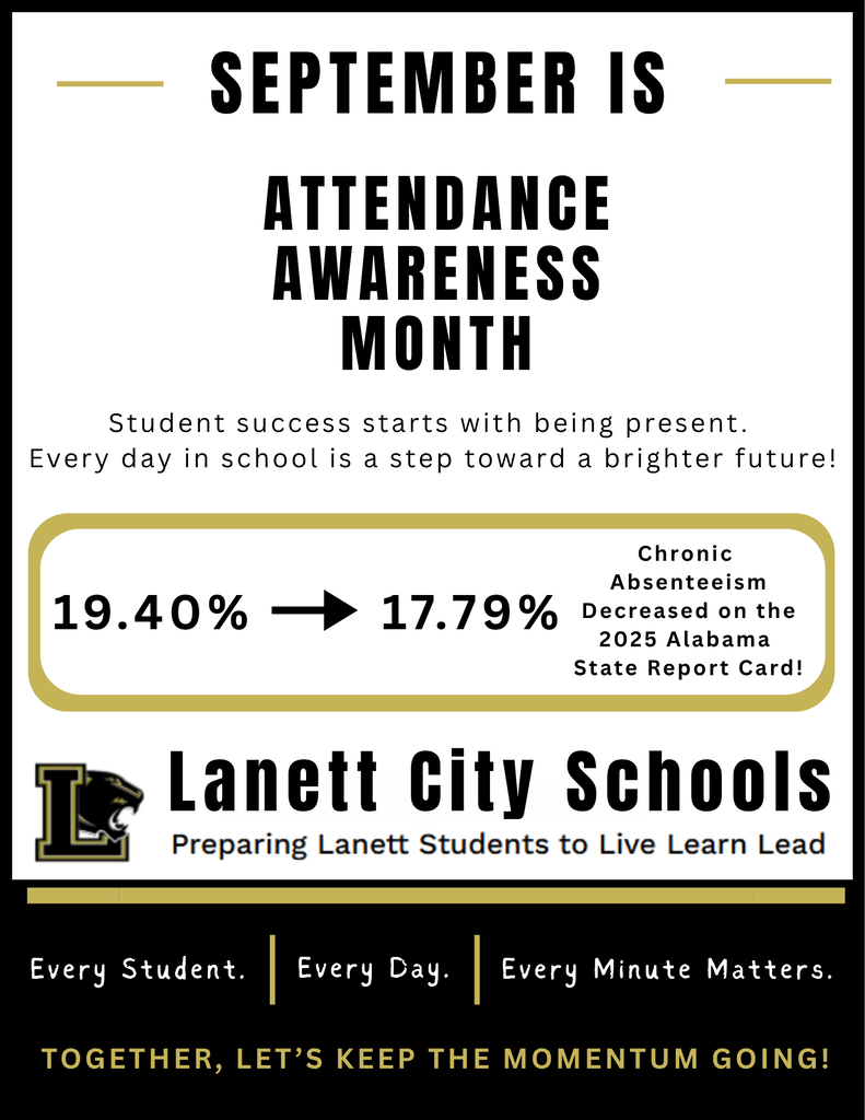 SEPTEMBER IS  ATTENDANCE AWARENESS MONTH  Student success starts with being present. Every day in school is a step toward a brighter future!  19.40% ➔ 17.79% Chronic Absenteeism Decreased on the 2025 Alabama State Report Card!  Lanett City Schools Preparing Lanett Students to Live Learn Lead  Every Student. | Every Day. | Every Minute Matters.  TOGETHER, LET'S KEEP THE MOMENTUM GOING!