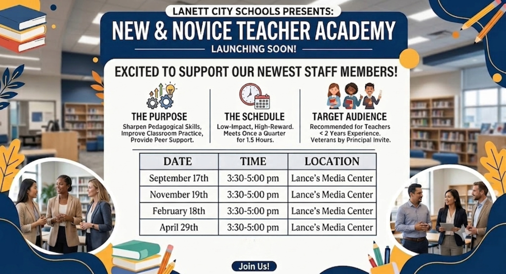 Lanett City Schools recently launched its New & Novice Teacher Academy, designed to support our new teachers and educators with less than two years of teaching experience as they grow and develop in their profession. The academy provides opportunities for professional learning, collaboration, reflection, and practical support to help our newest educators build confidence, strengthen their instructional practices, and create positive learning experiences for our students. At Lanett City Schools, we believe that supporting our teachers is an investment in student success!