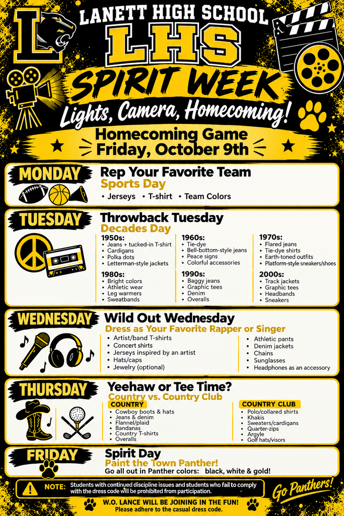 Dear Lance Families, W.O. Lance will be joining Lanett High School in celebrating Spirit Week, October 5–9! Students may dress down each day according to the spirit day themes. All outfits must be school-appropriate and follow the casual dress code. Please see the flyer below for each day’s theme and outfit ideas. We can’t wait to see our students show their Panther Pride! Go Panthers!