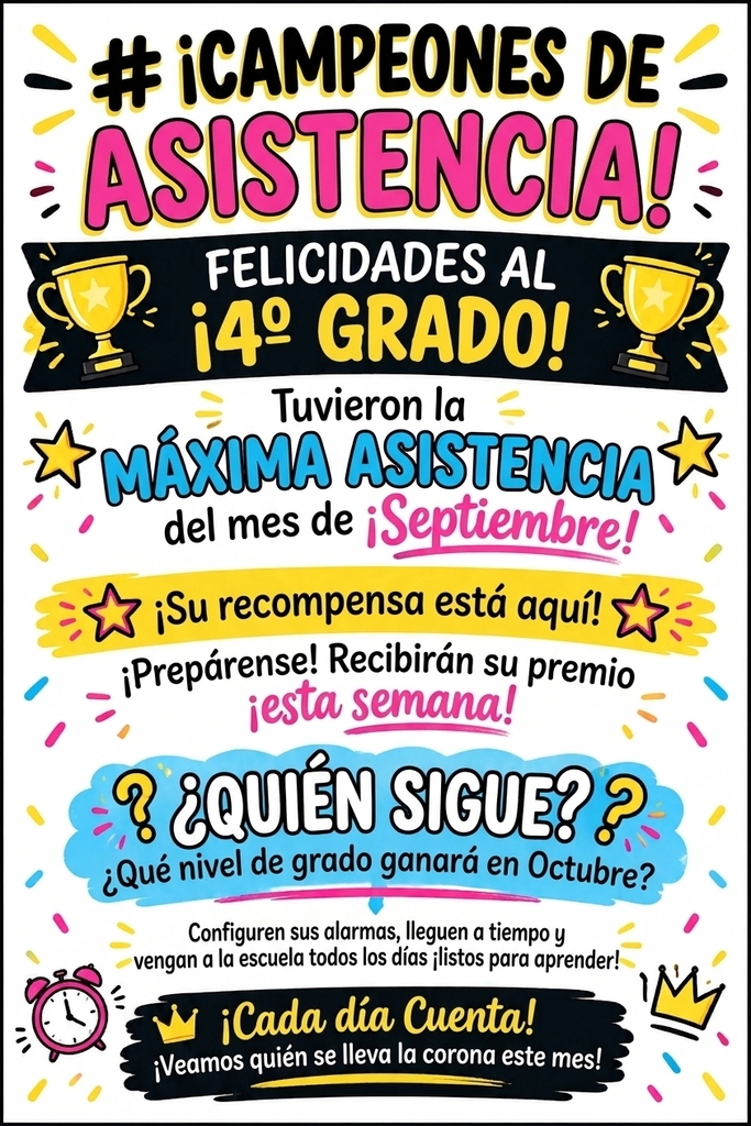 🎉 **ATTENDANCE CHAMPIONS!** 🎉  🏆 Congratulations to **4th Grade** for having the **highest attendance in September!** 👏🎉  ⭐ Your prize is coming **THIS WEEK!**  Who will take the crown for **October?** 👑 ⏰ Set those alarms & remember—**EVERY DAY COUNTS!** 📚💛