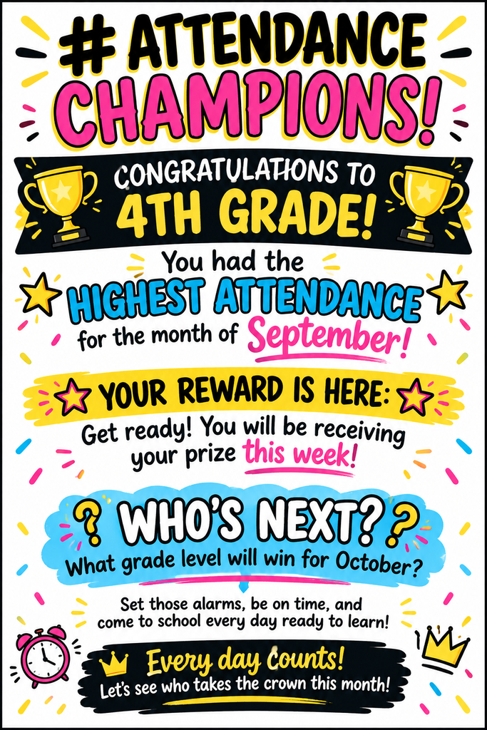 🎉 **ATTENDANCE CHAMPIONS!** 🎉  🏆 Congratulations to **4th Grade** for having the **highest attendance in September!** 👏🎉  ⭐ Your prize is coming **THIS WEEK!**  Who will take the crown for **October?** 👑 ⏰ Set those alarms & remember—**EVERY DAY COUNTS!** 📚💛