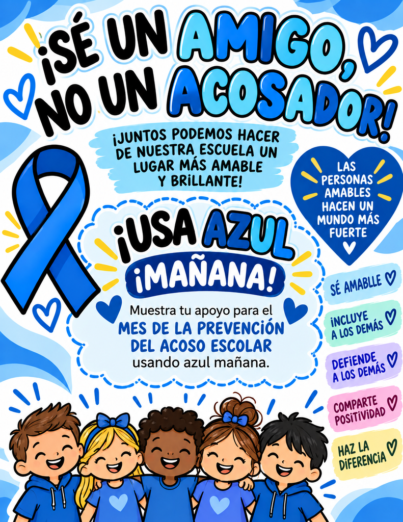 Wear your blue uniform or a blue shirt with your uniform tomorrow! You must still wear your regular uniform bottoms¡Mañana vengan con su uniforme azul o con una camisa azul junto con su uniforme! Deben seguir usando los pantalones o la falda de su uniforme regular.