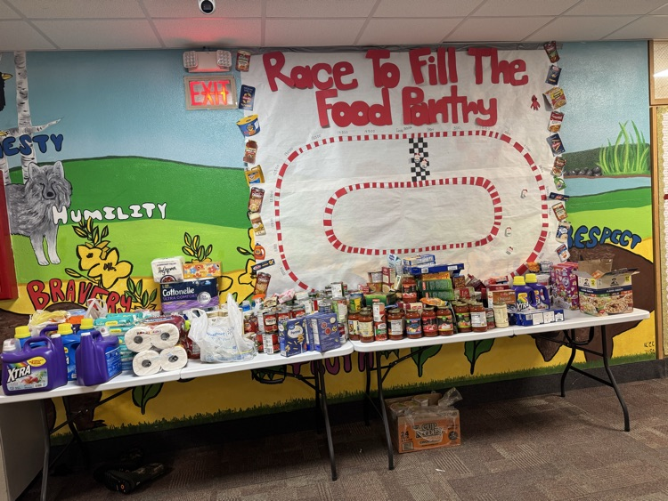Fundraiser for food drive. several canned goods and perishable items are pictured on a table.