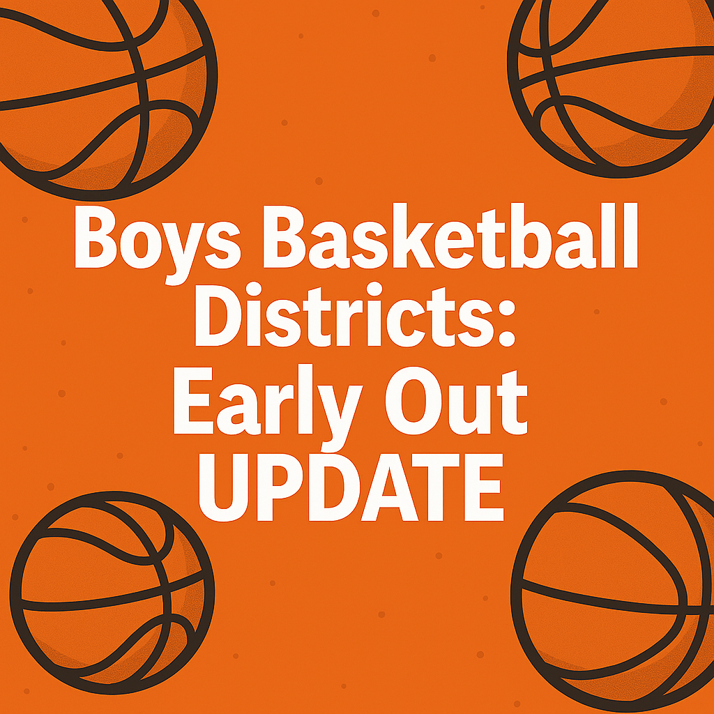 An orange graphic background with several illustrated basketballs positioned in the corners. In the center, large white text reads: ‘Boys Basketball Districts: Early Out UPDATE