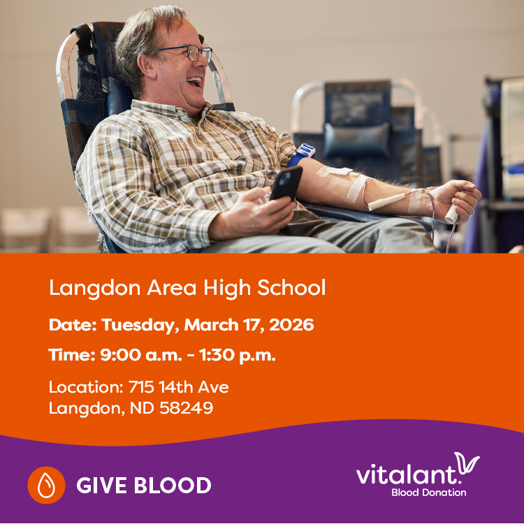 Langdon Area HIgh School Blood Drive Tuesday March 17, 9:00 am - 1:30 PM