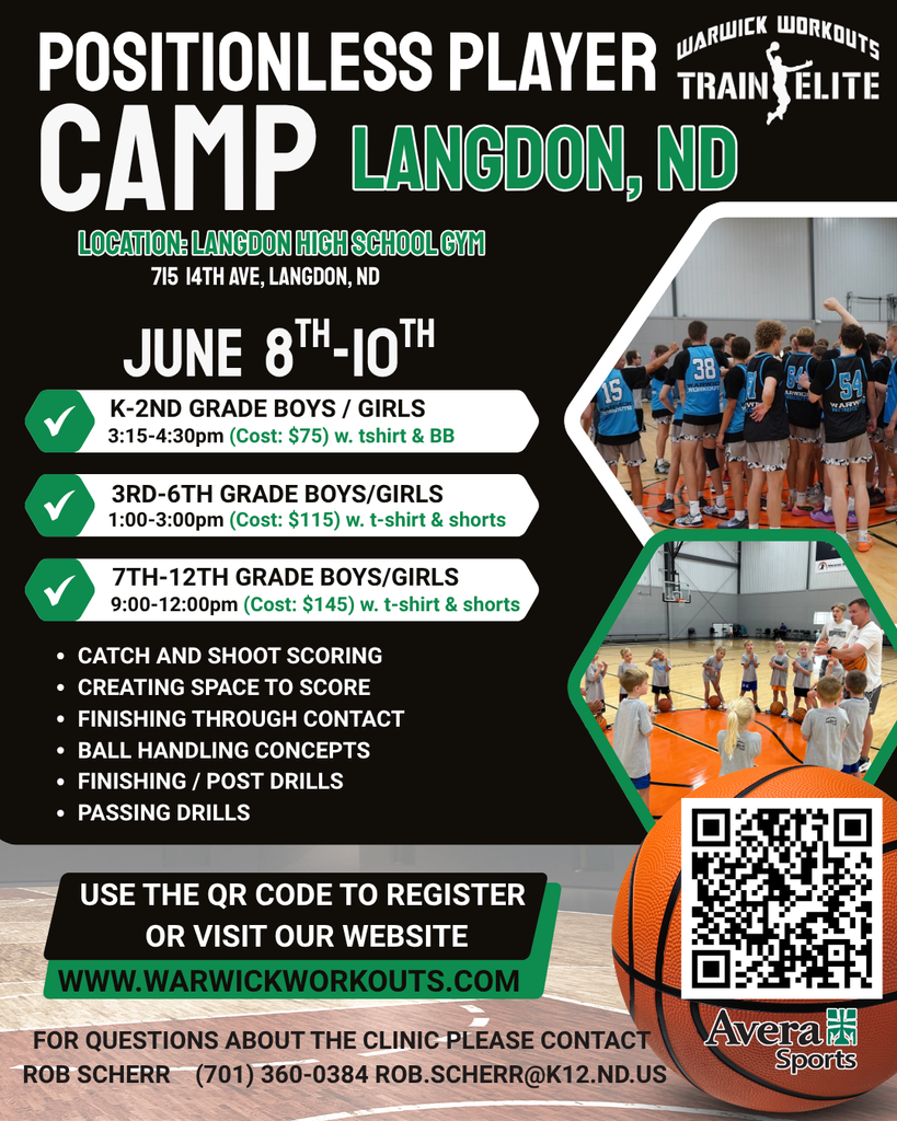 “Promotional flyer for a Positionless Player Camp in Langdon, ND. The camp takes place June 8–10 at Langdon High School Gym, 715 14th Ave. It includes sessions for K–2, 3–6, and 7–12 grade boys and girls at different times and costs. Training focuses include catch-and-shoot scoring, creating space, finishing through contact, ball handling, post drills, and passing. Photos show youth basketball players practicing in a gym. A QR code and website, warwickworkouts.com, are included for registration, along with contact information for Rob Scherr.”