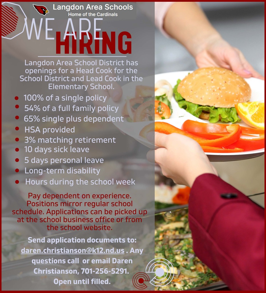 Graphic from Langdon Area Schools (Home of the Cardinals) announcing job openings for a Head Cook (district-wide) and a Lead Cook (elementary school). The left side lists benefits including 100% single insurance, 54% family coverage, 65% single plus dependent coverage, HSA, 3% retirement match, 10 sick days, 5 personal days, long-term disability, and school-year hours. The right side shows a close-up of hands serving a plate with a sandwich and fresh vegetables. Additional text notes pay depends on experience, applications are available at the school business office or website, and applications should be sent to daren.christianson@k12.nd.us. Contact phone number 701-256-5291. Position open until filled.