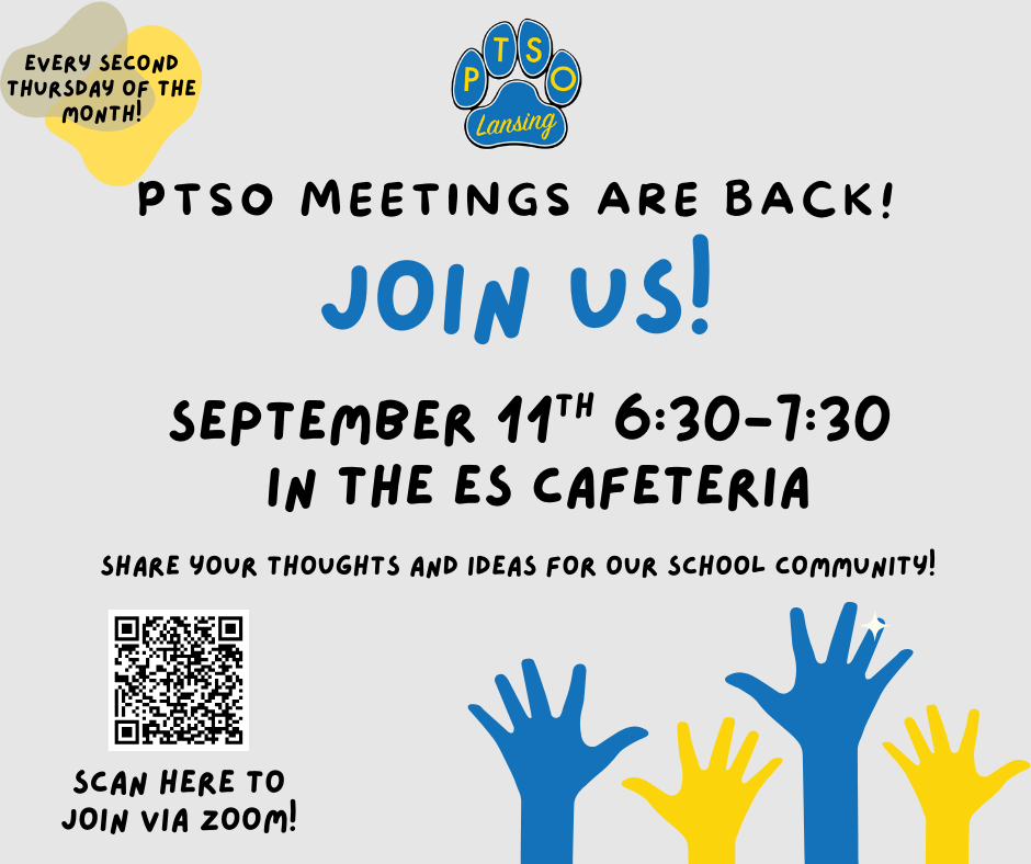 PTSO meetings are back.  Join us, September 11th 6:30 to 7:30pm in the ES cafeteria
