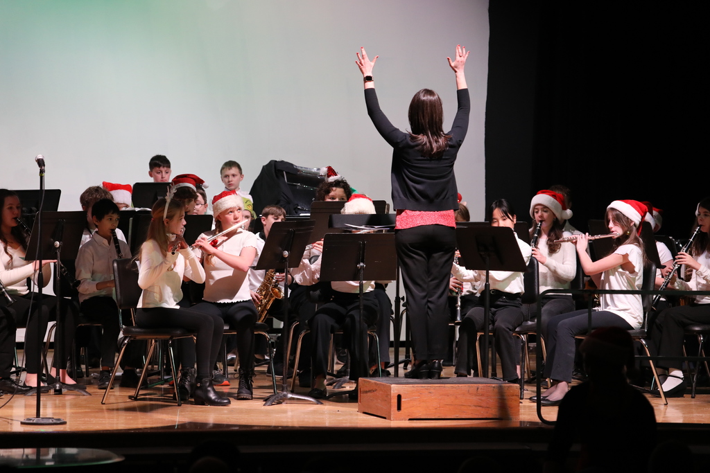 A conductor leads an orchestra on stage