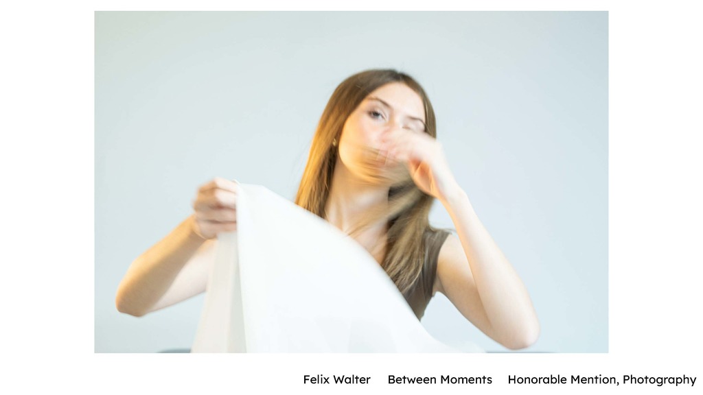 Felix Walter – “Between Moments” (Photography) Alt text: A softly lit photograph of a person holding a light-colored fabric. The subject’s face and hands appear slightly blurred from motion, creating a gentle, in-between moment against a pale background.
