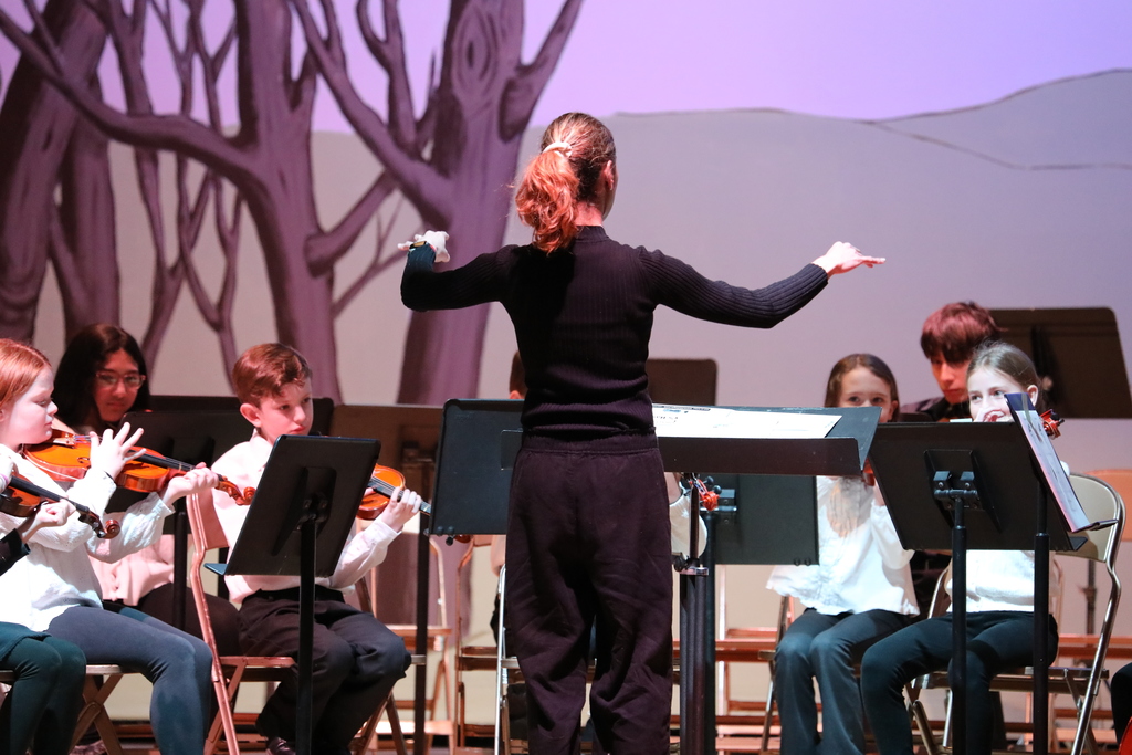 The conductor leading the band through a piece
