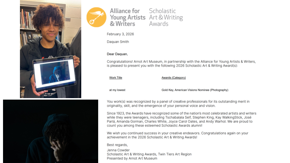 Lansing student Daquan “Diggy” Smith stands in a classroom holding a tablet displaying his award-winning photograph, “At My Lowest.” Below is the moody portrait photograph featuring a person in blue lighting with their head resting on their hand. Beside the images is his official 2026 Scholastic Art & Writing Awards letter recognizing his Gold Key and American Visions Nomination in Photography.