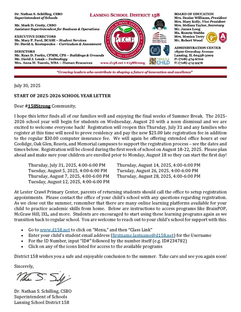 Start of School Letter 2025