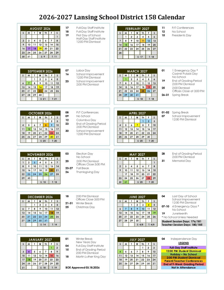 D158 School Year Calendar 2026-2027