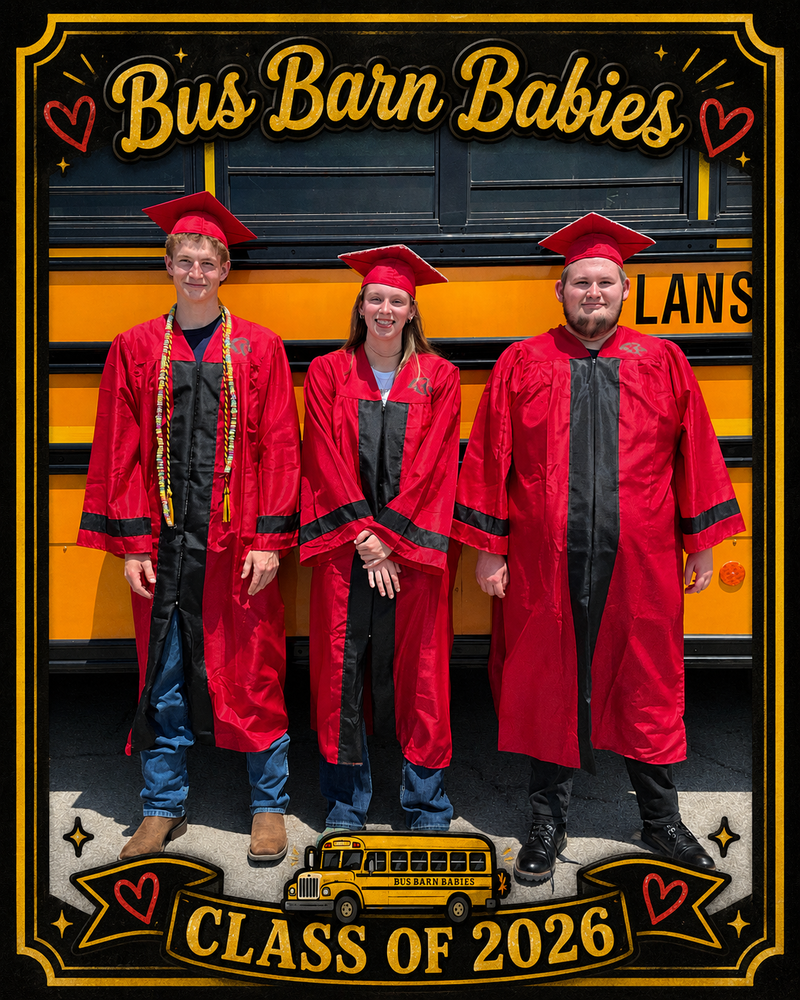 For three Lansing USD 469 graduates, the road to graduation started long before high school — it began at the bus barn. On May 16, Charlie Braunschweig, Irelynn Shields, and Brady MacNeill celebrated graduation after spending much of their childhood growing up around the district’s transportation department, where their parents have dedicated years of service to Lansing students and families. From early mornings before school to afternoons waiting for routes to finish, the transportation department became a second home for these students throughout their PreK-12 journey. Pictured from left to right: Charlie Braunschweig, graduate of Kansas Heartland Virtual Academy, whose parents Sue and Vern Braunschweig both serve as bus drivers for the district. Irelynn Shields, Lansing High School graduate, daughter of Janine Shields, the district’s Route Coordinator. Brady MacNeill, Lansing High School graduate, son of bus driver Rob MacNeill. The Lansing USD 469 transportation team plays an important role in supporting students every day, and this moment was especially meaningful as they watched three students they have known since childhood reach this milestone together. Congratulations to Charlie, Irelynn, and Brady on their graduation, and thank you to the transportation staff members whose care and commitment help keep Lansing students moving forward every day.