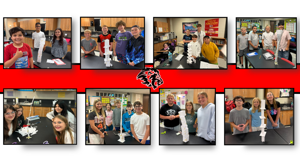 Sixth grade studens posing with their tower experiment